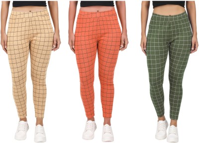 Just Live Fashion Checkered Women Dark Green, Beige Tights