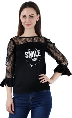 GP GARMENTS Casual 3/4 Sleeve Polka Print, Solid Women Black Top