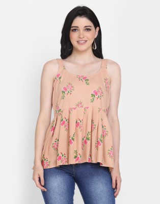 HANUMNTRA Casual Sleeveless Printed Women Pink Top