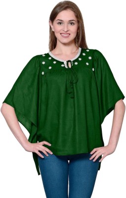 patrorna Casual Cape Sleeve Embellished Women Dark Green Top