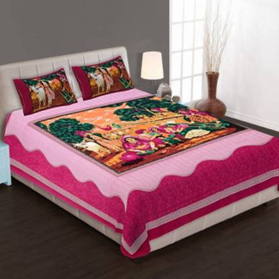 Mayuri Crafts and Mart Cotton Double Flat 104 TC Printed Bedsheet(Pack of 1, Pink)