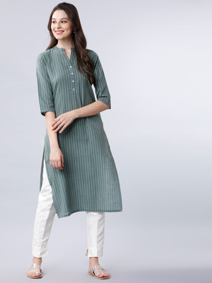 Vishudh Women Striped Straight Kurta(Green)