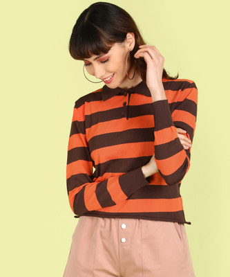 Insua Women Striped Polo Neck Polyester Orange T-Shirt For Rs. 99