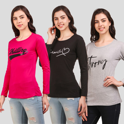 Fit N Fame Typography Women Round Neck Multicolor T-Shirt