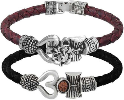 Pratima Brass, Leather Silver Bracelet(Pack of 2)