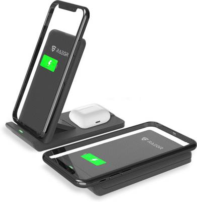 RAEGR RG10137 Arc 1100 [2-in-1] 10W+5W Wireless Charger Foldable Stand [with 2 Type-C Cables] 10W / 7.5W / 5W for Qi-Enabled Phones, AirPods. (No AC Adapter) Charging Pad