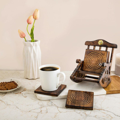 Shine Shopping Square Wood Coaster Set(Pack of 6)