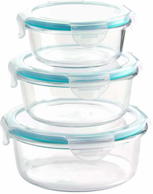 Vastarpara High Quality Borosilicate Glass Food Storage Containers With Snap Lock Lids Round Shape - Safe for Microwave, Oven, Dishwasher, Freezer - BPA Free - Airtight, Pack Of 3 Containers Lunch Box 3 Containers Lunch Box 3 Containers Lunch Box(800 ml, Thermoware)