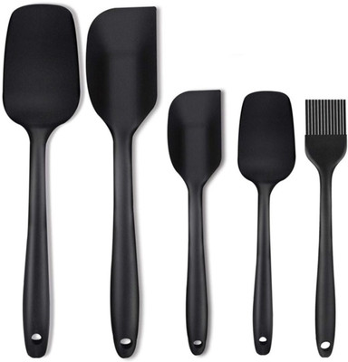 VONITY Silicone Spatula Set 5-Piece - 446ºF Heat-Resistant Baking Spoon Spatula - Seamless One-Piece Design Easy to Clean Non-Stick Silicone Rubber with Stainless Steel Core (Black) Kitchen Tool Set(Black, Spatula, Brush)