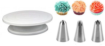 noble foods 360 Degree Rotating Revolving Cake Turn Table/Cake Decorating Stand AND 3Pcs Set 2F 2D 1M Cake Icing Nozzles Stainless Steel, Cake Decorating Tool Kitchen Tool Set(Baking Tools)