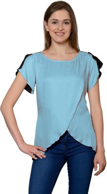 patrorna Casual Cap Sleeve Color Block Women Light Blue, Black Top