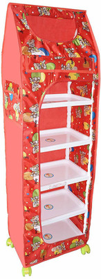 EVOHOUSE Colorful Design Cartoon Printed Cotton 6 Cabinet Cloth Organizer Folding Almirah PVC Collapsible Wardrobe(Finish Color - Red, DIY(Do-It-Yourself))
