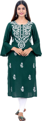 Purvija Kurties Women Chikan Embroidery, Embroidered Straight Kurta(Dark Green)