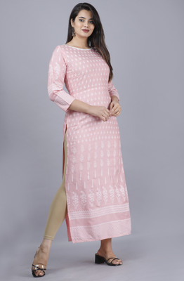 Malia Women Printed Straight Kurta(White, Pink)
