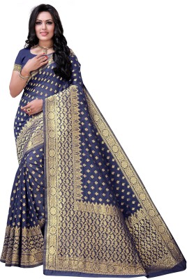 FluteFashion Woven Jamdani Cotton Blend Saree(Blue)