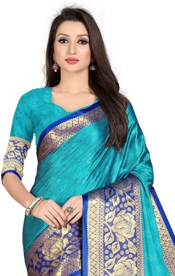 KMBFASHION Floral Print Bollywood Cotton Silk Saree(Light Blue)