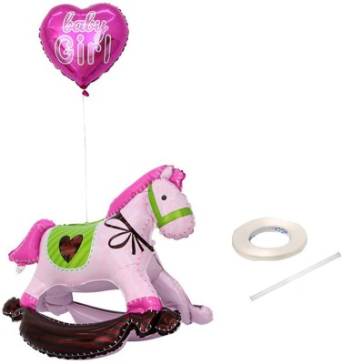 DECOR MY PARTY Printed 31 x 37 Inch Rocking Horse Giant Foil Balloons With Baby Girl Heart Shape Balloon For Welcome Baby / Animal Theme Kids Birthday Party Decoration Balloon(Pink, Pack of 1)