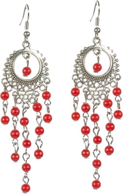 Misstyle Beautiful Retro Silver Fringed Tassels Red Cinnabar Beads Earrings Coral Metal Drops & Danglers