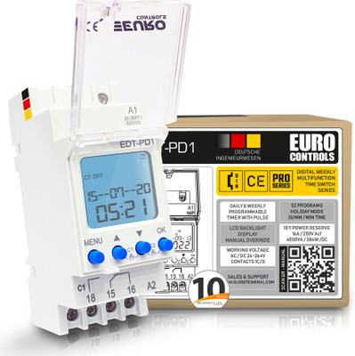 Euro Controls EDT-PD1 German - 24 to 265 V AC / DC - LCD Backlit - 50 Programs Daily/Weekly/Pulse/Holiday modes - Battery Reserve Programmable Electronic Timer Switch(White)