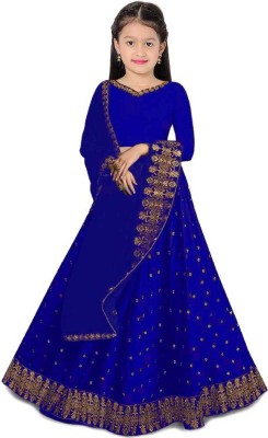 PILUDI Girls Lehenga Choli Ethnic Wear Embroidered Lehenga, Choli and Dupatta Set(Blue, Pack of 1)