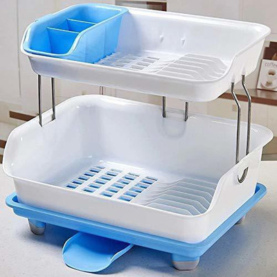 DDecora Dish Drainer Kitchen Rack Plastic 2 Layer Kitchen Dish Drainer Rack Fruits and Vegetable Drying Drain Dish Drainer Kitchen Rack ( BLUE))