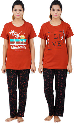 BEFLI Women Printed Orange, Orange Night Suit Set