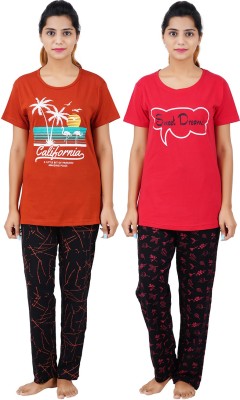 Buy That Trendz Women Printed Orange, Red Top & Pyjama Set