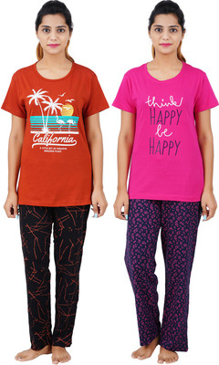 BEFLI Women Printed Orange, Pink Top & Pyjama Set