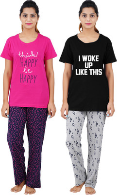 BEFLI Women Printed Pink, Black Top & Pyjama Set