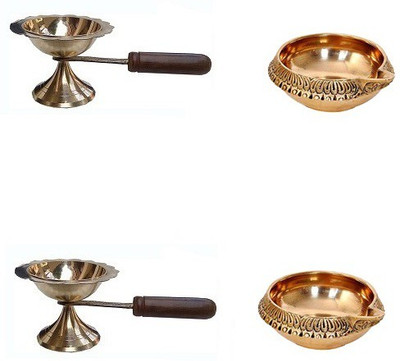 Adhvik Combo Of 2 pcs Oil Ghee Puja (Small size 1 No ) Diya with Long Wooden Handle with 2 pcs Kuber Pedi ( 0 Small Size ) Diya Brass(Gold)