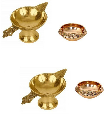 Adhvik Combo Of 2 Pcs Laxmi Pital ( No 1 Small Size) Diya Oil / Ghee Lamp With 2 Pcs Kuber Pedi ( 0 Small Size ) Diya Brass(Gold)