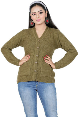 Manera Self Design V Neck Casual Women Light Green Sweater