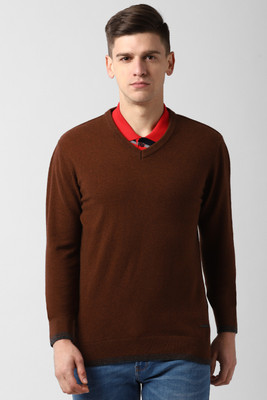PETER ENGLAND Solid V Neck Casual Men Red Sweater