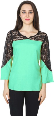 patrorna Casual 3/4 Sleeve Self Design, Color Block, Solid Women Black, Light Green Top