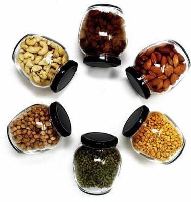 Sitaram Creation Glass Grocery Container  - 400 ml(Pack of 6, Black)