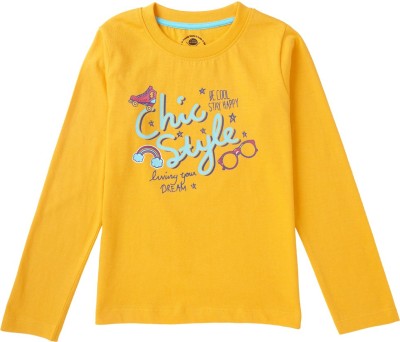 Cub McPaws Girls Graphic Print Pure Cotton T Shirt(Yellow, Pack of 1)