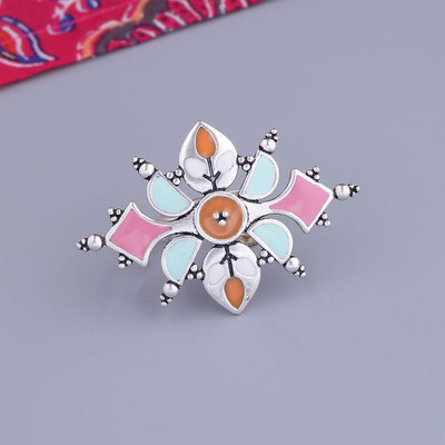 Voylla Bagh E Fiza Enamel Embellished Ring Brass Silver Plated Ring