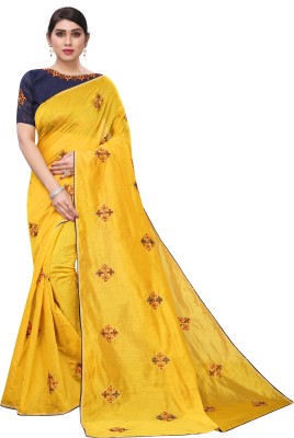 RJB Embroidered Bollywood Cotton Linen Saree(Yellow)