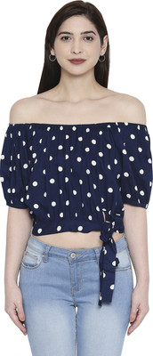 PEOPLE Casual Half Sleeve Polka Print Women Blue Top