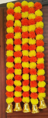 AlphaLighting Artificial Marigold Flowers/Door Hangings with Golden Bells (4.5ft-Pack of 4) Toran(Plastic)