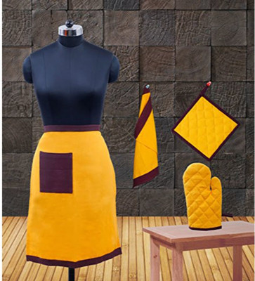 Dekor World Cotton Home Use Apron - Free Size(Yellow, Maroon, Pack of 4)