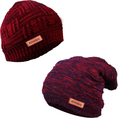 Knotyy Self Design Beanie Cap(Pack of 2)