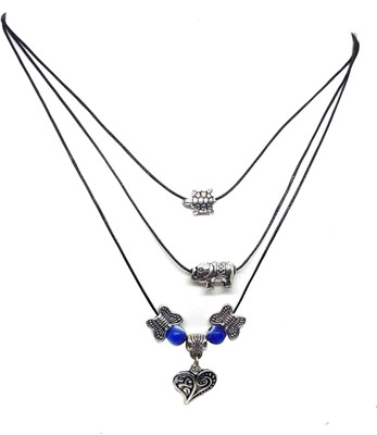 Gurjari Jewellers Western 3 Layer Chain with Evil Eye and Oxidised Beads Silver Plated Brass Necklace