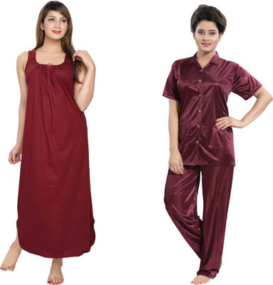 KAVANNG Women Nighty Set(Maroon)