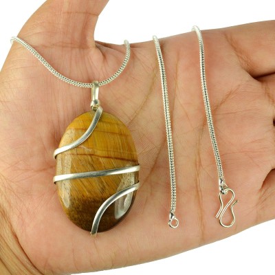 CRYSTU Tiger Eye Pendant Oval Wire Wrapped Stone Pendant for Reiki Healing and Meditation, Protection, Confidence, Will Power Crystal Stone Pendant