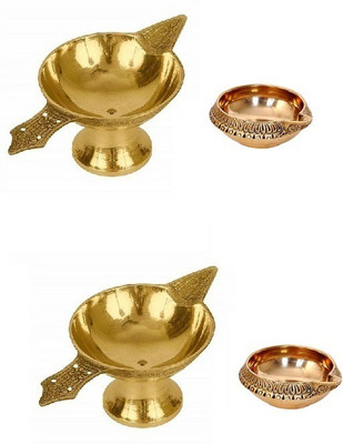 Adhvik Combo Of 2 Pcs Laxmi Pital ( No 2 Regular Size) Diya Oil / Ghee Lamp With 2 Pcs Kuber Pedi ( 0 Small Size ) Diya Brass(Gold)