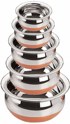 MAHAVIR Stainless Steel Copper Dinnerware Serving Handi Set of 5 (2.1 L, 1.6 L, 1.1 L, 0.8 L, 0.5 L) Cookware Set(Stainless Steel, 5 - Piece)