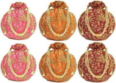 JDDCART 6 Pcs (Pink, Orange, Maroon) Potli bags for women handbags traditional Indian Wristlet with Drawstring Ethnic Embroidery Potli Hand bags Potli(Pack of 6)