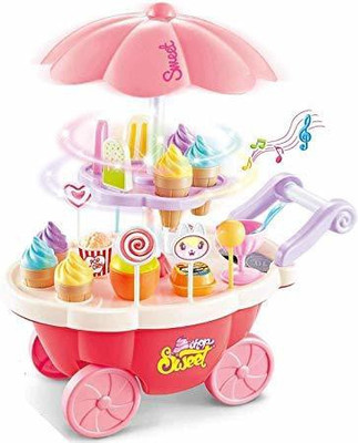 CrazyZone Sweet Shopping Battery Operated Ice Cream Trolley Set for Kids with LED Lights and Music (Multicolor) -30 Piece
