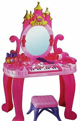 MON N MOL Children Piano & Vanity Castle Dressing Table & Stool TOCADOR 13 Key Sound & Light Stool Girls Play Set Toy Hair Accessories & Real Blowing Action Hair Dryer